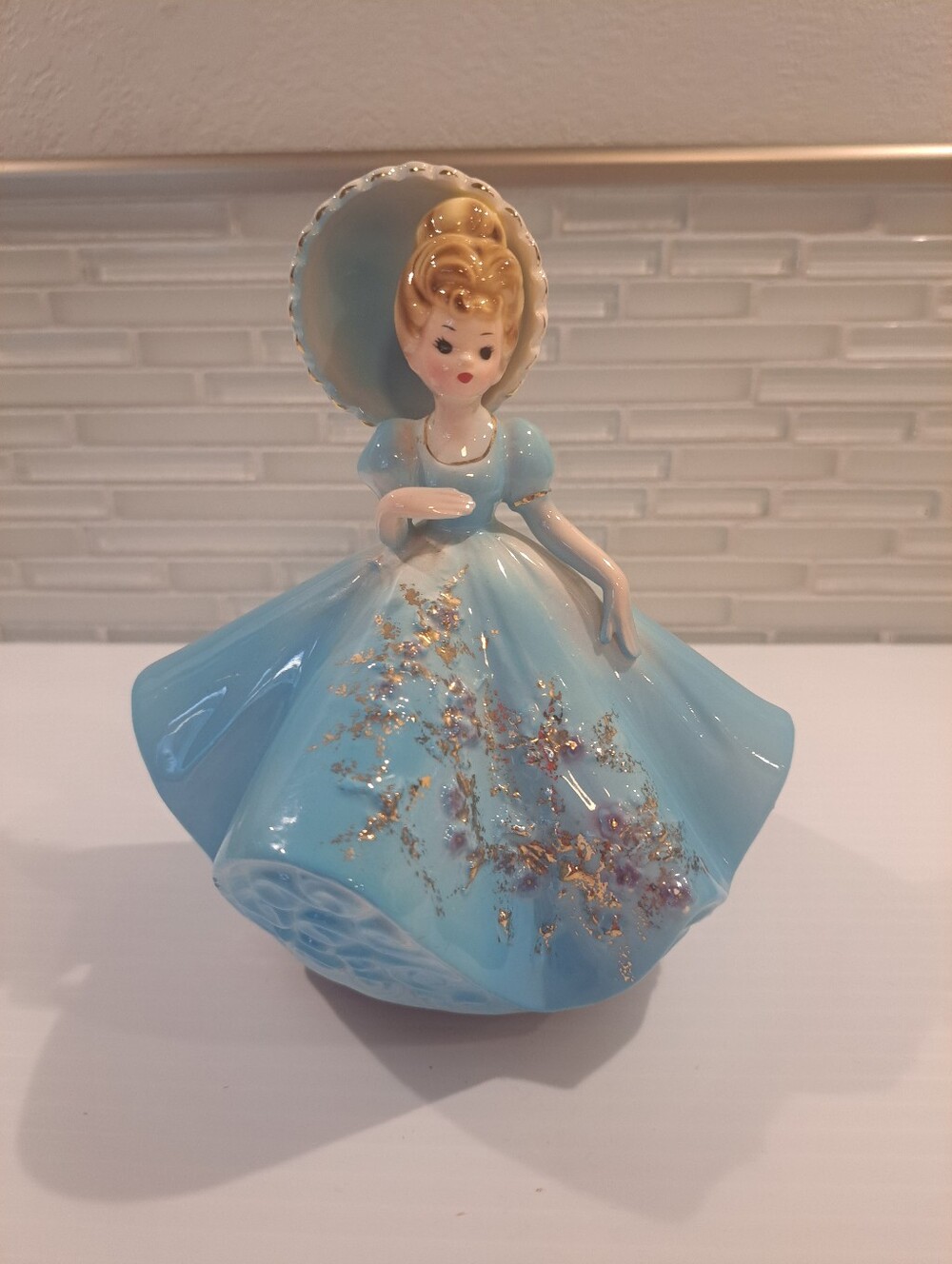 Vtg Josef Originals Girl Figurine Music Box: Melody Maids, Blue Dress